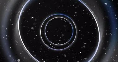 3 boyutlu uzayda toz parçacıkları 4K ile hareket eden dairesel kablo elipsleri. Noel festivali altın portalı parıltılar ve parıltılı peri tozu etrafında açılıyor. Parıldayan noktalar lüks, zarif bg.