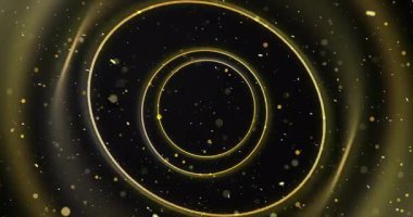3 boyutlu uzayda toz parçacıkları 4K ile hareket eden dairesel kablo elipsleri. Noel festivali altın portalı parıltılar ve parıltılı peri tozu etrafında açılıyor. Parıldayan noktalar lüks, zarif bg.