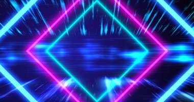 Siber sentetik dalga 3d eşkenar dörtgen kareler geometrik çizgileri hareket ettiren veri görselleri. Uzay yolculuğu döngüsü geçit açıyor. Neon retro bilim-kurgu film, sanal oyun havası. Büyük veri ışık hızı akış hızı izi.