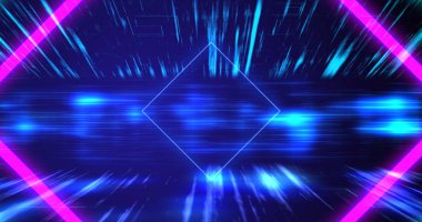 Siber sentetik dalga 3d eşkenar dörtgen kareler geometrik çizgileri hareket ettiren veri görselleri. Uzay yolculuğu döngüsü geçit açıyor. Neon retro bilim-kurgu film, sanal oyun havası. Büyük veri ışık hızı akış hızı izi.