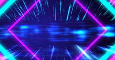 Siber sentetik dalga 3d eşkenar dörtgen kareler geometrik çizgileri hareket ettiren veri görselleri. Uzay yolculuğu döngüsü geçit açıyor. Neon retro bilim-kurgu film, sanal oyun havası. Büyük veri ışık hızı akış hızı izi.