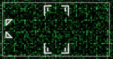 Dekoratif geometrik işaretli dijital çerçeve sınır kutusu 4K teknoloji bg. Hud arayüzü, dinamik hareketli şekiller akış başlıyor, bitiş kredileri siyah üzerinde varlık örtüyor. Siber konsept yazılım geometrisi kesildi.