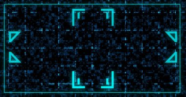 Dekoratif geometrik işaretli dijital çerçeve sınır kutusu. Hud arayüzü, dinamik hareketli şekiller akış başlıyor, bitiş kredileri siyah üzerinde varlık örtüyor. Siber konsept yazılım geometrisi kesildi.