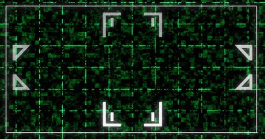Dekoratif geometrik işaretli dijital çerçeve sınır kutusu. Hud arayüzü, dinamik hareketli şekiller akış başlıyor, bitiş kredileri siyah üzerinde varlık örtüyor. Siber konsept yazılım geometrisi kesildi.