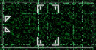 Dekoratif geometrik işaretli dijital çerçeve sınır kutusu. Hud arayüzü, dinamik hareketli şekiller akış başlıyor, bitiş kredileri siyah üzerinde varlık örtüyor. Siber konsept yazılım geometrisi kesildi.