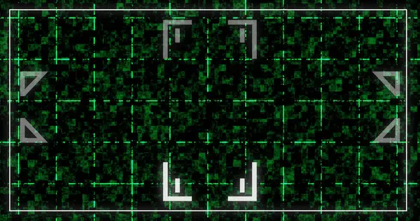 Dekoratif geometrik işaretli dijital çerçeve sınır kutusu. Hud arayüzü, dinamik hareketli şekiller akış başlıyor, bitiş kredileri siyah üzerinde varlık örtüyor. Siber konsept yazılım geometrisi kesildi.