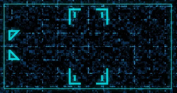 Dekoratif geometrik işaretli dijital çerçeve sınır kutusu. Hud arayüzü, dinamik hareketli şekiller akış başlıyor, bitiş kredileri siyah üzerinde varlık örtüyor. Siber konsept yazılım geometrisi kesildi.