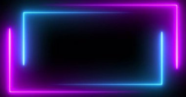 Çift neon dikdörtgenler siyah 4K 'da boş telif uzayı ile hareket ediyorlar. Dilekler, mesajlar, sosyal medya selamları için kare geometrik çerçeve. Reklam panosu tabelası. Disko kulübü motel prizi.