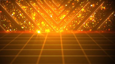 Kazanan ve adayları açıklayan Altın Yıldız ödüllü sahne arkası gösterisi. Parıldayan ok parçacığı neon çizgileri ve 3D ızgara tabanı var. Parlak, peri masalı gibi bir festival. .