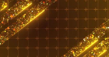 Neon çizgileri hareket eden görkemli, görkemli, görkemli parçacıklar ödül gösterisi bg 4K. Altın sahne müzik konseri için hazır, yatay cazibe arkaplanı. Galibiyet anonsu porduct klibi