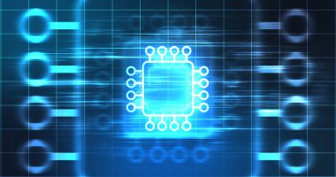 Bilgisayar çipi dijital hologram infografik dijital bg. İşlemci ana kartı, titreşen dalgalar 3 boyutlu mikroçip üretiyor. Gelişmiş teknoloji datum çoklu-başlıklı çekirdek. Kodlama yeniliği