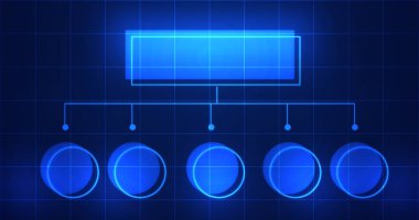 Metin bg için boş alan ile parlayan bilgi hologramı. İş hiyerarşisi çizelgeleri. Çalışma akışı algoritması görüntüsü. Organizasyonlar için çalışan yönetim şeması. Rol ataması.