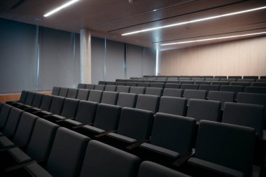 Konforlu Koltukları ve Minimalist Tasarımı olan Modern Boş Oditoryum. Yastıklı koltukları ve minimalist ahşap ve beton mimarisi olan modern boş bir oditoryumun yüksek kaliteli fotoğrafı..