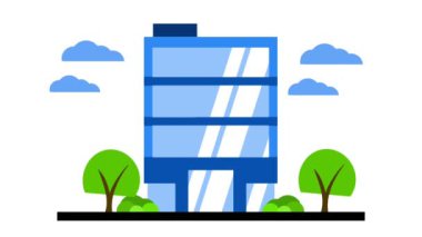 Modern gökdelenlerin animasyonu ofis, otel, apartman cam cepheli, kentsel mimari ve gelişimi sembolize ediyor