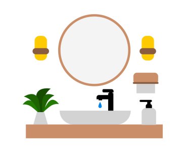 Modern banyo lavabosunun tasviri leğen, ayna, havlu, sabun, şık musluk ve el yıkama ve yüz yıkama için minimalist kibir içeriyor.
