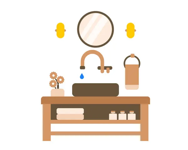 Modern banyo lavabosunun tasviri leğen, ayna, havlu, sabun, şık musluk ve el yıkama ve yüz yıkama için minimalist kibir içeriyor.