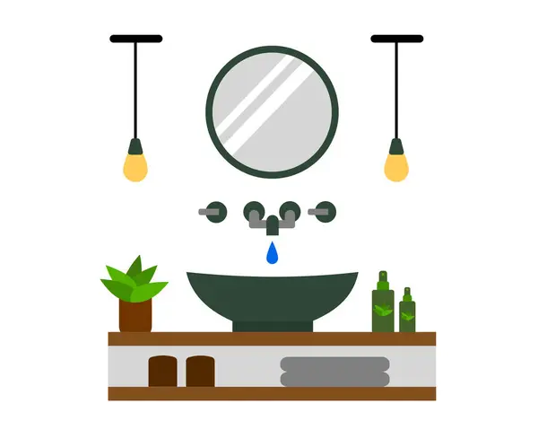 Modern banyo lavabosunun tasviri leğen, ayna, havlu, sabun, şık musluk ve el yıkama ve yüz yıkama için minimalist kibir içeriyor.