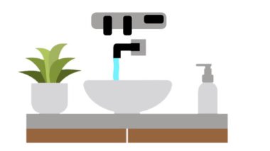 Modern banyo lavabosunun animasyonu leğeni, aynası, havlusu, sabunu, şık musluğu ve el yıkama ve yüz yıkama için minimalist gösterişi olan bir banyo.