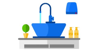 Modern banyo lavabosunun animasyonu leğeni, aynası, havlusu, sabunu, şık musluğu ve el yıkama ve yüz yıkama için minimalist gösterişi olan bir banyo.