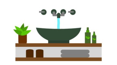 Modern banyo lavabosunun animasyonu leğeni, aynası, havlusu, sabunu, şık musluğu ve el yıkama ve yüz yıkama için minimalist gösterişi olan bir banyo.
