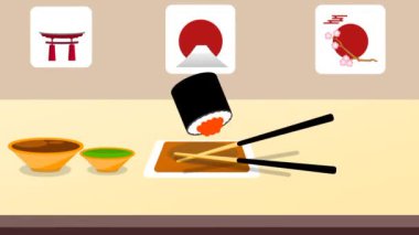 Japon havasında yemek çubuklarıyla suşi yemenin animasyonu.