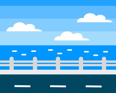 Beyaz bulutlar ve sakin okyanus manzaralı parlak mavi sahil manzarası ön plandaki basit bir yol ile tamamlanmış.