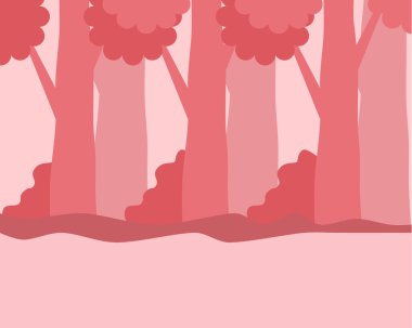 Yumuşak pembe orman sahnesinin tasviri stilize ağaçlar ve çalılarla sıcak, davetkar bir atmosfer yaratıyor.