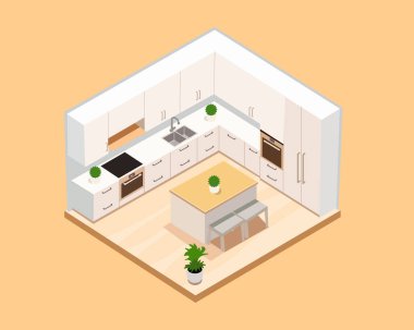 Illustration of isometric image of a minimalist kitchen set features sleek cabinetry, a wooden countertop island, stainless steel appliances, and a light wood floor clipart