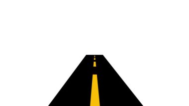 Stilize yol grafiklerinin animasyonu, uzaklığa doğru giden sarı bir merkez çizgisi, siyah arkaplan üzerine kurulmuş, ileriye doğru bir yolculuk öneriyor.