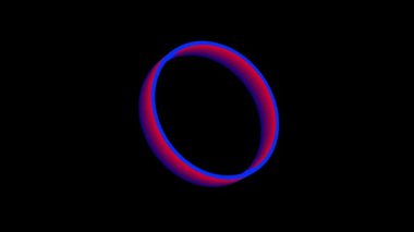 Çarpıcı toroidal şeklin animasyonu, minimalist bir tarzda hareket ve enerji hissi uyandıran kırmızı ve mavi gradyanların bir karışımını sergiliyor..