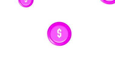Pembe Dolar sembollerinin animasyonu beyaz bir arkaplan üzerinde süzülerek, finansal kavramlar ve para birimlerinin neşeli ve canlı bir temsili oluşturur.