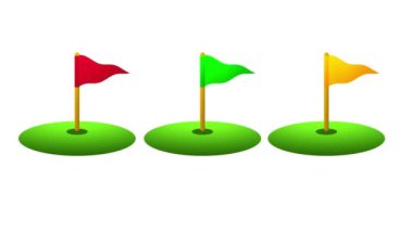 Çimenli platformlarda kırmızı, yeşil ve sarı renkli üç küçük golf bayraklarının animasyonu, sporu, mini golf sahalarını, yarışmayı ve açık hava eğlencesini sembolize ediyor..