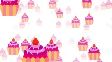 Çoklu pembe keklerin animasyonu yumuşak bir zemin üzerinde yüzer, tatlılık, hoşgörü ve tatlılara olan sevgiyi temsil eden kaprisli ve dekoratif bir desen yaratır..