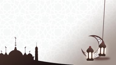 Minimalist, siyah ve beyaz, İslami temalı bir cami silueti. Hilal ay ve fenerlerle, maneviyat ve inancı çağrıştırıyor..