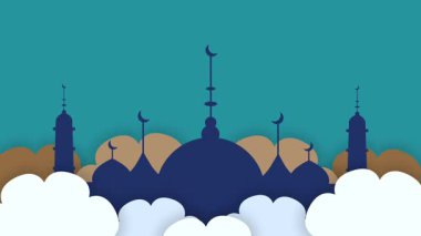 Yumuşak bulutlarla kaplı manzaralı mavi bir cami, çeşitli sanatsal kullanım alanları için dingin ve huzurlu bir İslami tasarım yaratıyor..
