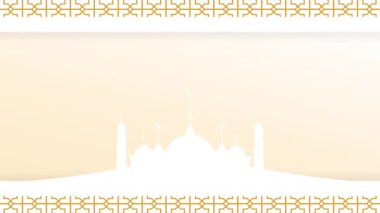 Yumuşak, altın ve bej bir cami silueti, narin bir İslami çerçeveye sahip, nazik ve ruhani bir tasarım sunuyor..