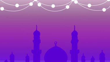 Parlayan sicim ışıklarıyla aydınlatılmış, ruhaniliği, barışı ve İslam kutlamalarının özünü simgeleyen rüya gibi mor bir cami silueti..