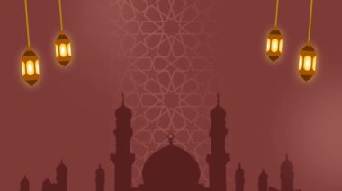 Bir cami silueti ve parıldayan fenerlerin yer aldığı koyu kırmızı tonlu arka plan sadakati, inancı ve ruhani huzuru simgeliyor..