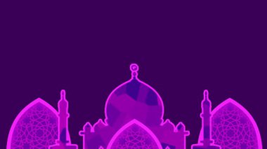 Derinlemesine mor arka planda, İslam sanatının canlılığını ve Ramazan 'ın ruhani ruhunu simgeleyen çarpıcı, neon ışıklı bir cami silueti..