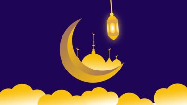 Işıl ışıl parlayan hilal, aydınlık bir fenerle, yumuşak altın bulutların üzerinde dinleniyor, rüya gibi ve ruhani bir İslami gece sahnesi yaratıyor..