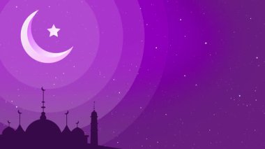 Aydınlık hilal ay ve cami silueti ile büyüleyici bir mor gece gökyüzü, barışı, inancı ve ruhani yansımayı çağrıştırıyor..