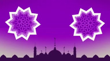 Karmaşık İslami geometrik yıldız desenleri ve cami silueti ile muhteşem, yıldızlı bir arka plan. Göksel zarafet ve gelenek yayıyor..