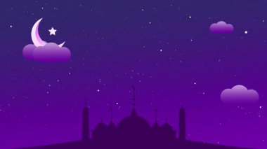 Göz kamaştırıcı, mor bir gece gökyüzü, hilal şeklinde bir ay ve parıldayan yıldızlar, güzel siluetli bir caminin etrafında huzurlu bir ortam yaratıyor..