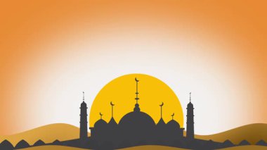 Yuvarlanan kum tepelerine karşı bir caminin nefes kesici altın gün batımı silueti, inancı, yansımayı ve İslam manzaralarının sıcak özünü simgeliyor..