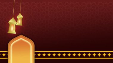Karmaşık altın tasarımlar ve fenerler içeren koyu kırmızı İslami temalı bir arka plan, sıcaklığı, inancı ve şenlikli ruhani kutlamaları simgeliyor..