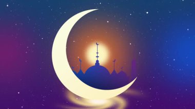Huzurlu bir cami siluetinin üzerinde parlayan hilal şeklinde bir alacakaranlık manzarası Ramazan ve İslam dinginliğinin özünü yansıtıyor.