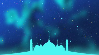 Yıldızlar, aydınlık bir cami ve huzur, kutsallık ve göksel harikayı temsil eden ruhani bir ortam ile nefes kesen mavi tonda bir İslami gece sahnesi.