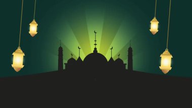Derin yeşil temalı bir İslami arka plan. Fenerler ve bir cami silueti. İnanç, bağlılık ve kutsal bir kutlama hissi yayıyor.