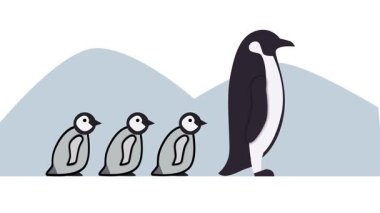 Aralarında bir yetişkin ve üç yavrunun da bulunduğu bir grup penguen, buzlu bir arazide bir araya gelerek aile bağlarını ve doğada hayatta kalmayı simgeliyor..