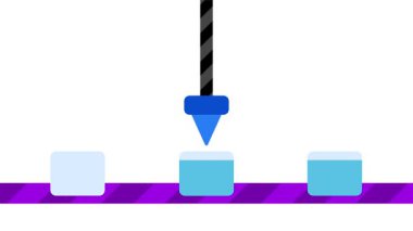 Bir makine, mekanik doğruluğu ve hareket halinde kontrolü gösteren hesaplanmış bir şablon ile küpleri bir taşıyıcı bandın üzerine atar..